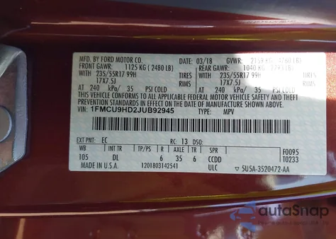 2018 Ford Escape Sel from USA, damaged, VIN 1FMCU9HD2JUB92945